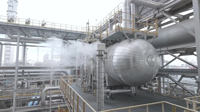 White steam venting from a large industrial pressure vessel at a chemical refinery plant.