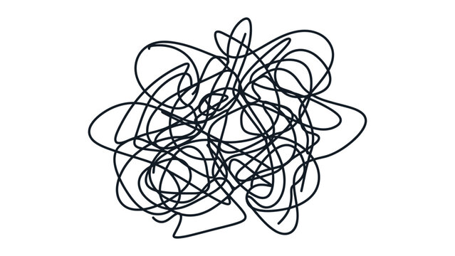 Chaotic tangled scribble vector illustration with messy black line doodle for confusion and anxiety