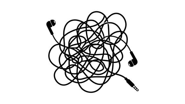 Tangled earphones vector icon with messy knotted cable and audio jack plug for music and technology concepts