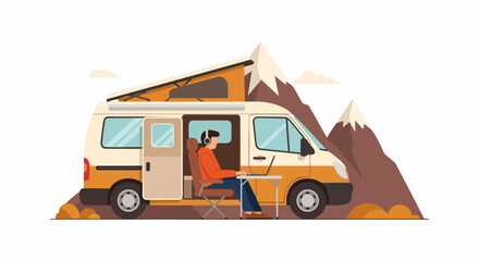 Obraz premium Digital Nomad Working on Laptop Outside Camper Van in Mountains - Flat Vector Illustration of Remote Work Lifestyle