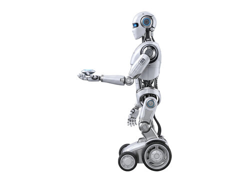 Advanced white humanoid robot with glowing blue optical eyes stands on wheels while extending its mechanical hand to present a small hovering holographic interface isolated against a pure white backgr