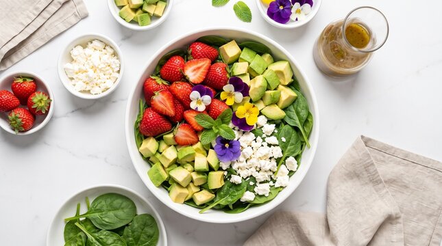 fresh summer salad with strawberry and avocado on bright table
