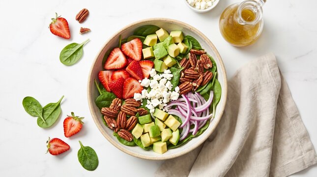 fresh summer salad with strawberry and avocado on bright table