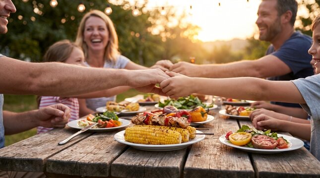 happy family holding hands across table during outdoor summer picnic