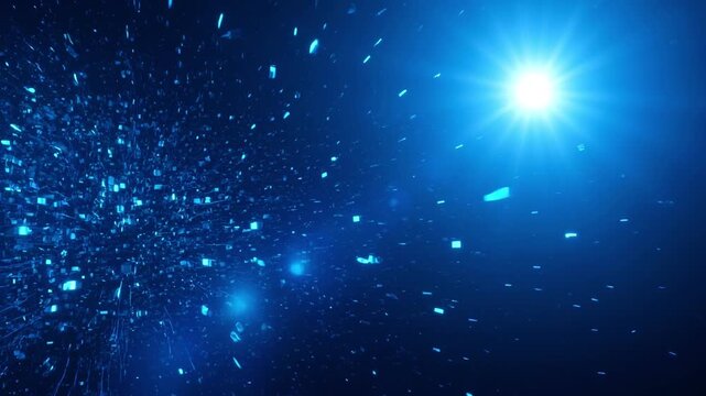 Abstract blue digital particles motion background, with glowing lens, flare light effect