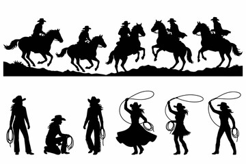Fototapeta premium Cowboy Horse Rider and Cowgirl Lasso Silhouette Collection