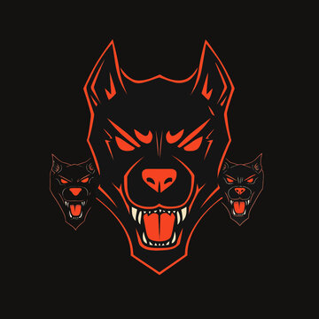 Bold graphic of a fierce snarling wolf with two smaller snarling wolves on sides