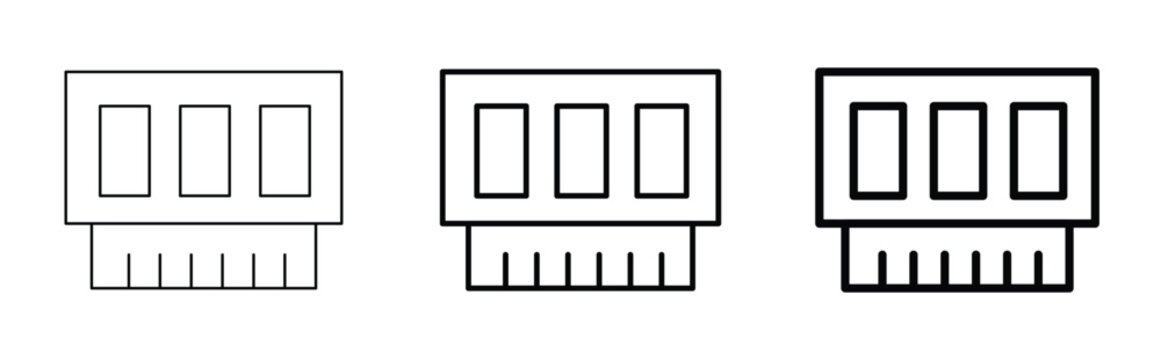 Computer RAM memory module icons, set of 3 linear hardware vector symbols, digital storage and pc component line art for tech infographics