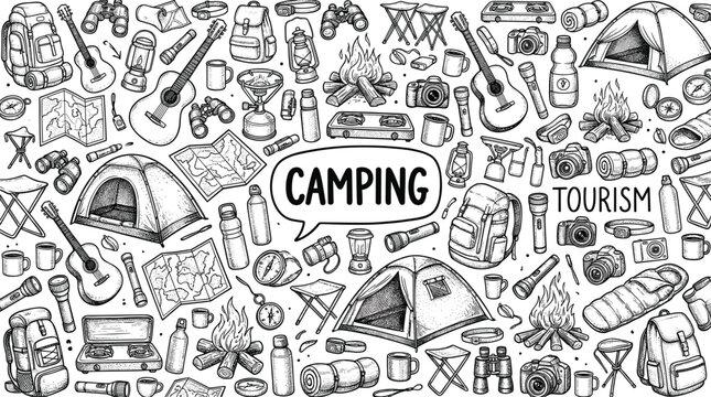 Camping adventure and outdoor tourism hand drawn doodle vector pattern background with tents backpacks campfires and hiking equipment