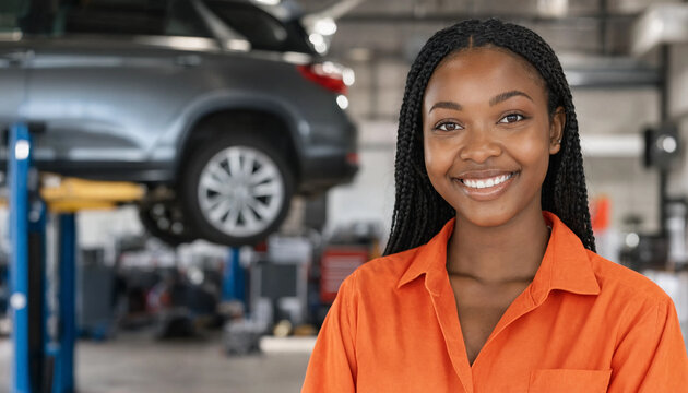 Young woman smiling and standing in a garage wearing an orange mechanic uniform. Background shows a raised car and workshop equipment suggesting auto repair work.