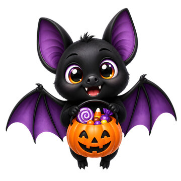 Cute Halloween Bat PNG with cute black bats, purple wings, candy, pumpkins, lanterns, moon elements, and spooky seasonal accessories.