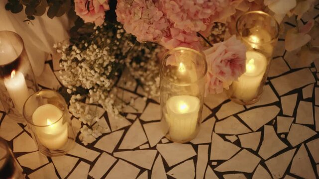 Charming wedding floral decoration featuring soft pink roses, white baby's breath, and glowing candles in glass cylinders arranged on a mosaic tiled floor, creating an intimate ambiance.