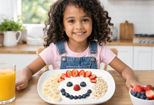 Young girl smiling while eating a playful fruit breakfast arranged as a smiley face on a plate. The scene conveys healthy eating, family kitchen, and morning routine.