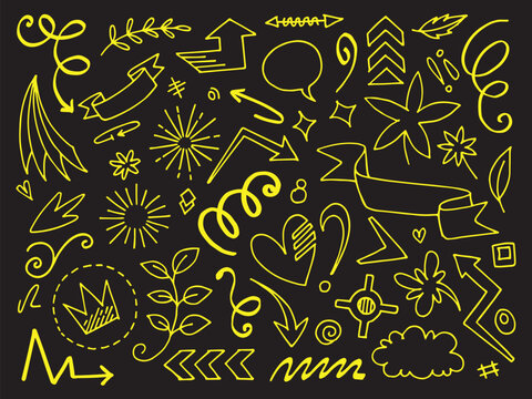 Golden doodle style hand drawn elements on black background whimsical vector illustration
