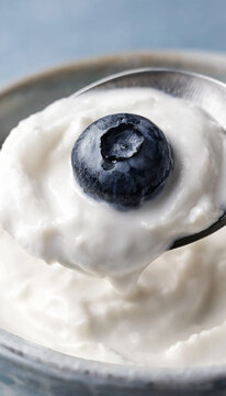 A single blueberry sits on a spoonful of creamy yogurt held above a bowl. The image emphasizes texture and freshness with soft neutral background.