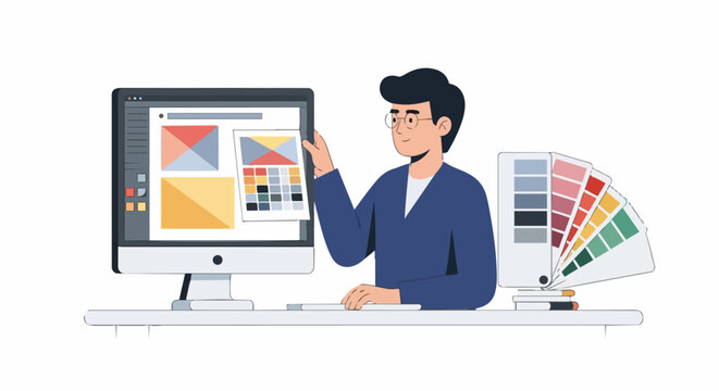 Graphic Designer Working at Desk with Computer and Color Palettes, Flat Vector Illustration for Web Design, Branding and Creative Workspace Concepts