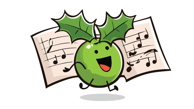 Cute cartoon watermelon character singing with musical notes and open sheet music in cheerful style bright green and pink colors playful and fun for children's entertainment