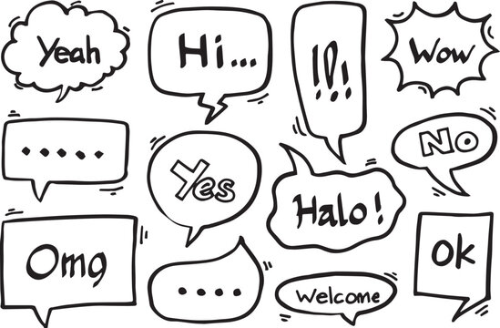 Hand Drawn Speech Bubbles and Thought Balloons with Various Expressions in Black and White