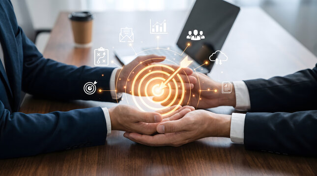 Business team collaboration and goal achievement concept: Two businessmen holding glowing target with arrow and digital strategy icons, Shared business goals and strategy.