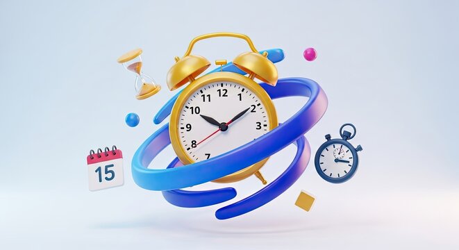 A colorful alarm clock with a blue and yellow spiral design, surrounded by a calendar, hourglass, and a small square object on a white background.