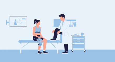 Fototapeta premium Doctor examines athlete's knee on examination table, monitor shows medical chart