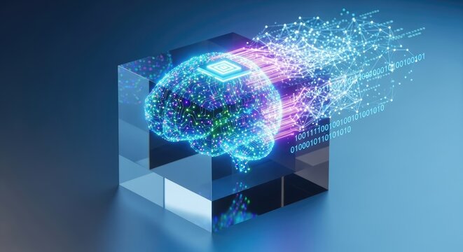 A glowing brain with a chip on it, surrounded by a cube with binary code and a blue background.