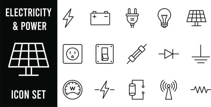 Electricity and Power Outline Icon Set with Energy Electrical Components and Renewable Symbols