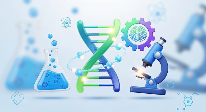 A colorful illustration of a DNA strand with a brain and gears, set against a blue background with a microscope and beakers.