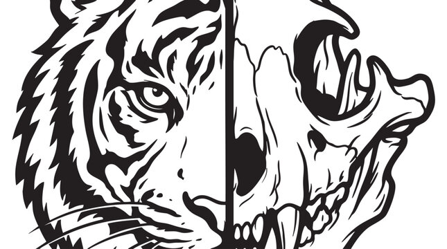 Tiger face, animal skull, black and white vector illustration, wildlife art, split design