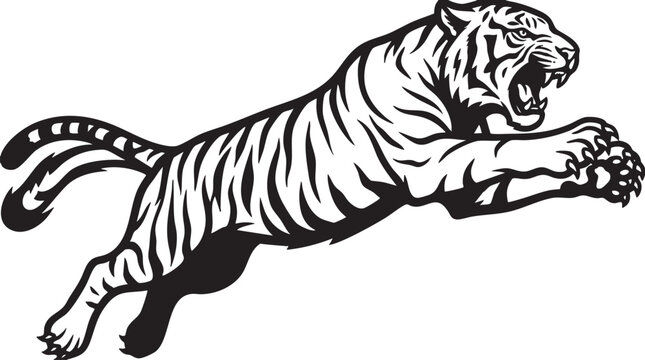 Black and white tiger, running tiger, fierce animal, vector illustration