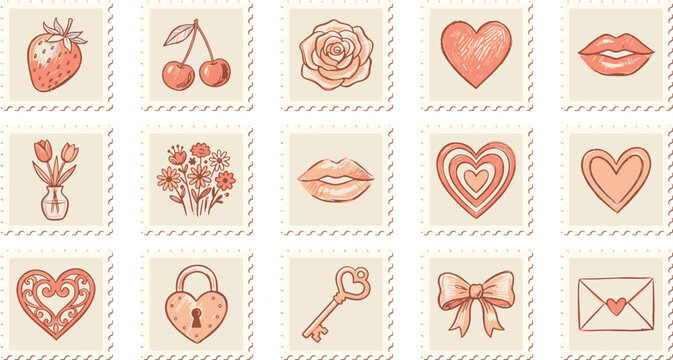 Collection of romantic valentine themed doodles and hand drawn icons for love cards and holiday celebration with valentines romantic handdrawn celebration collection cherries