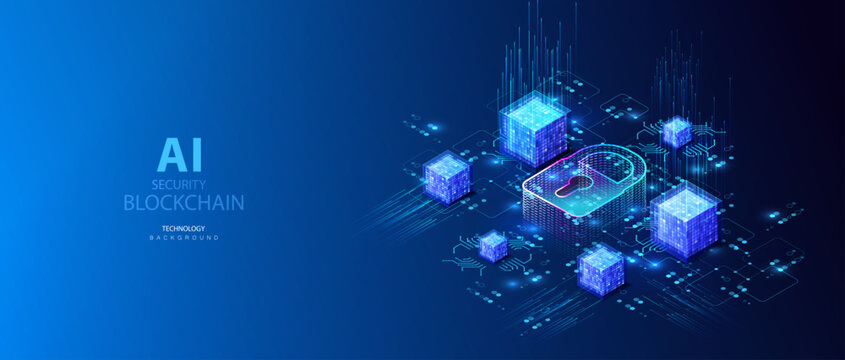 Isometric concept of  AI blockchain cyber security. Data center secure with padlock and cubes vector design. Technology blockchain protection of system privacy on blue background.