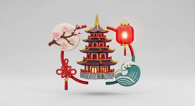 Chinese New Year decorations with a pagoda, lanterns, and cherry blossoms.