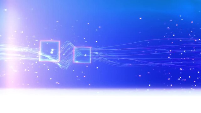 Abstract digital network connection with glowing data particles and moving geometric squares