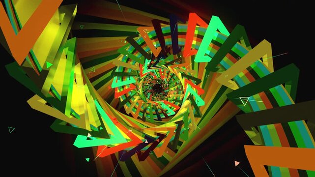 Seamless VJ digital vortex made of twisting triangle frames, spiral orbital paths and lattice arrays, for electronic music festivals, high-tech club visuals, stage screens and LED video walls