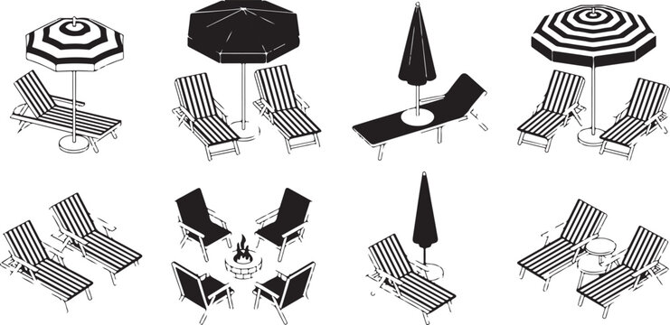 Outdoor recreation furniture collection set showing lounge chairs sun umbrellas and fire pit for luxury patio garden living area.