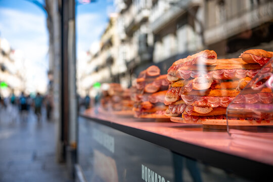 Traditional Spanish Bocadillo de Jamon Iberico with Olive Oil on Crusty Baguette Bread for Tapas Menu