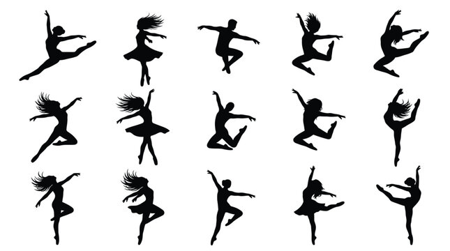 Multiple black silhouettes of professional ballet dancers performing expressive jumps and elegant poses on white background