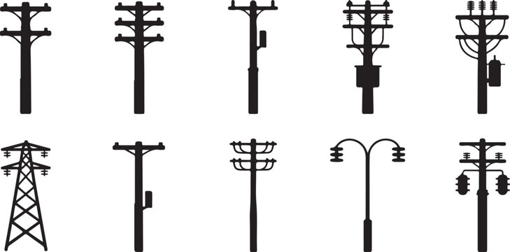 Set of electricity utility poles and transmission tower icons for power distribution energy infrastructure networks flat look.