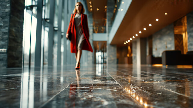 Businesswoman in red coat, walking towards light in lobby