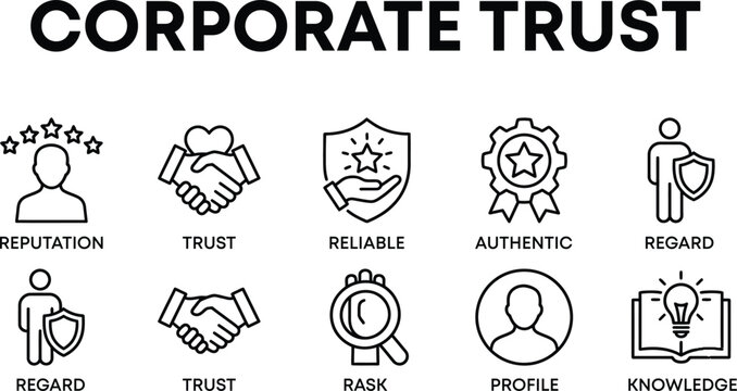 Corporate Trust Icons: A collection of minimalist line icons representing corporate trust, featuring elements like reputation, handshake, shield, medal, and search magnifying glass.