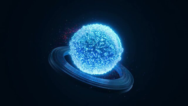 Abstract glowing blue sphere with particle rings rotating in dark space background