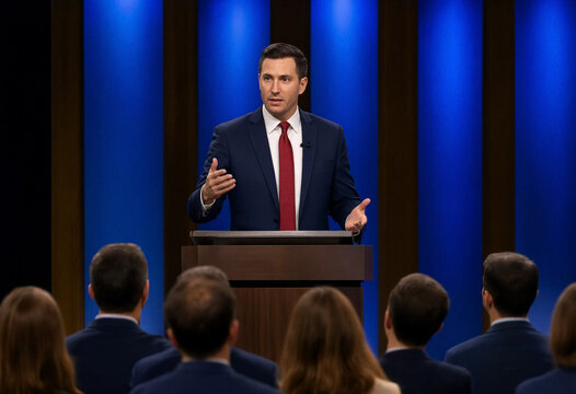 A male speaker delivers a speech at a podium wearing a suit and red tie before an audience. The setting features blue vertical panels and formal atmosphere.