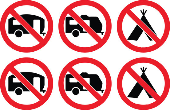 Prohibitory red circular signs set with camping trailer and tent silhouettes for area access restrictions park ground rules.