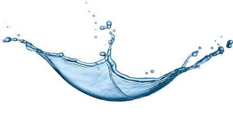 Blue water splash dynamic curve with droplets isolated on white background representing freshness purity and hydration movement. © Kamrun82