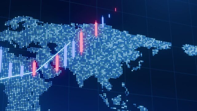 Stock market candlestick chart hologram on digital world map,global financial index analysis,business economy investment.Global market analysis world map with stock market graph overlay animation