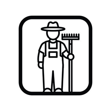 Minimalist farmer icon vector, gardener character in overalls with rake tool, black and white agricultural worker symbol for signage and apps
