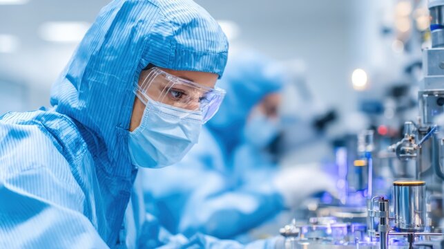 Cleanroom technician inspecting pharmaceutical production machinery for sterile manufacturing and quality control for industrial design poster background