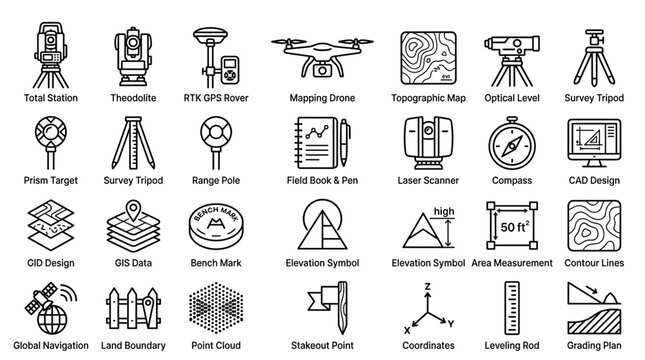 A detailed set of surveying and mapping icons, including total stations, theodolites, GPS rovers, drones, and topographic maps for land measurement.