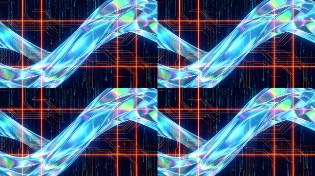 3D Liquid Iridescent Celestite and Cyberpunk Neon Grid Hybrid Seamless Pattern

